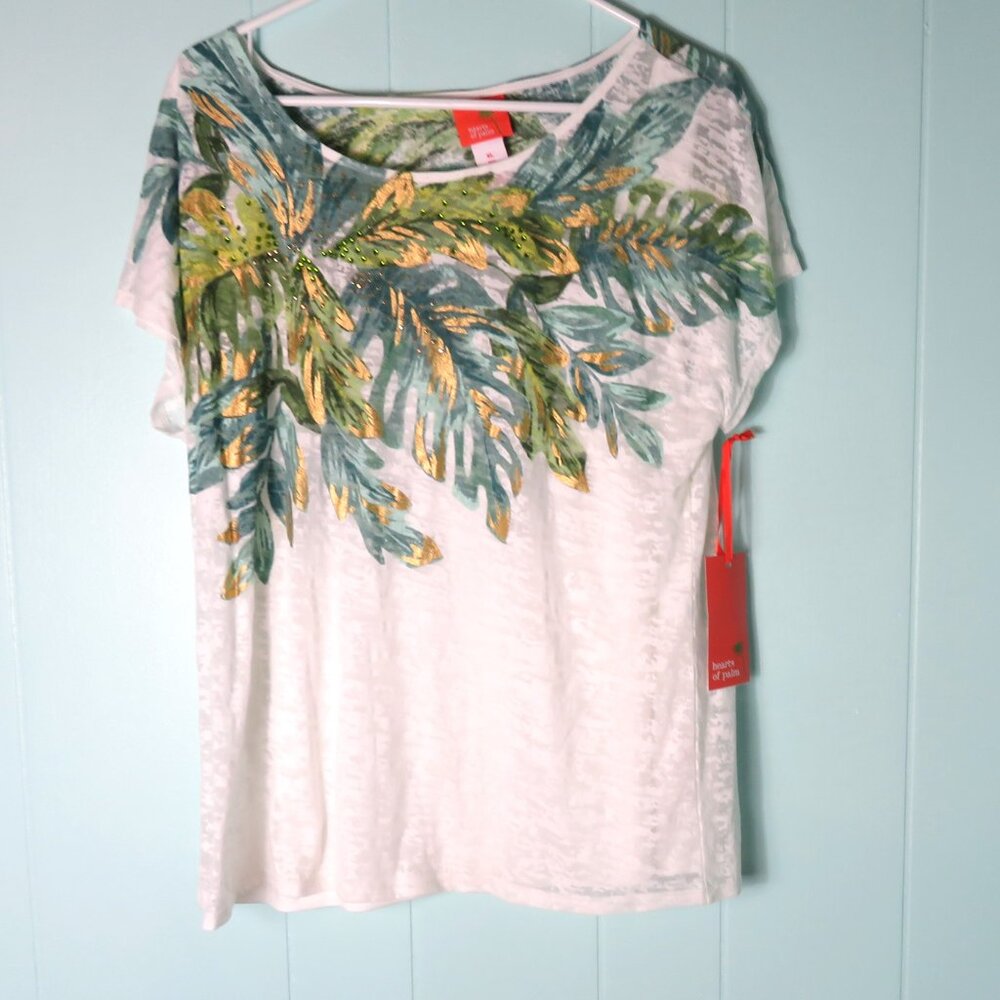 hearts of palm White Tee with Green and Gold Leaf Print